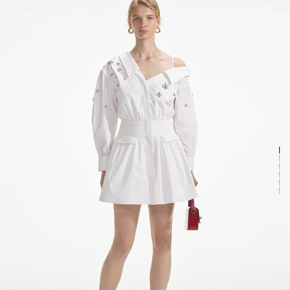 Self-Portrait White Cotton Embellished Mini Dress